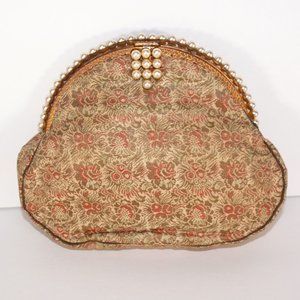 Vintage French Silk Brocade and Faux Pearl Accent Evening Bag